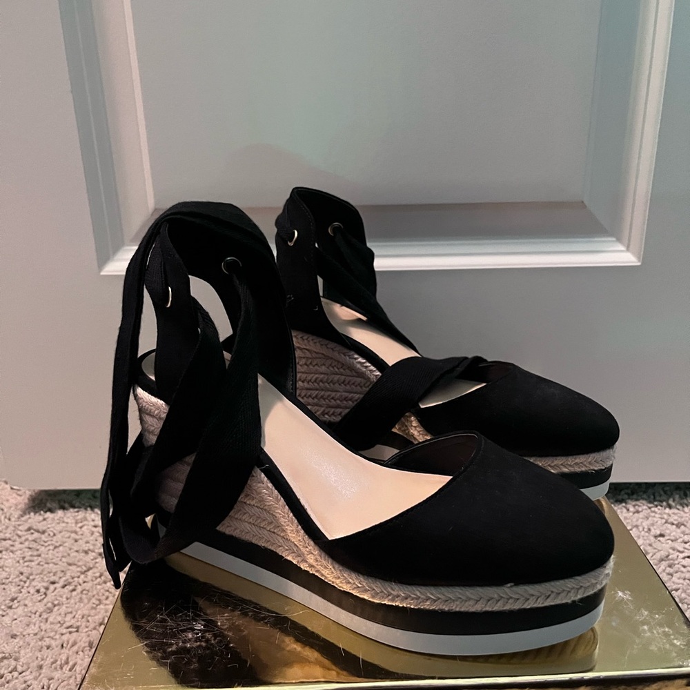 JLO black ankle wrap wedges